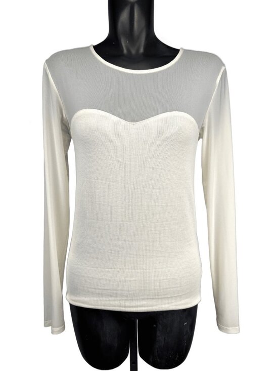 Tristan Tops - TRISTAN Stretch Knit‎ Sheer Mesh Lace Yoke Long Sleeve Top Ivory White Size L